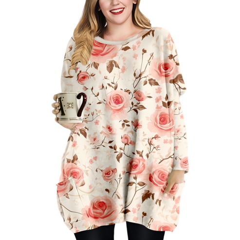 (🎉Jesenska rasprodaja🔥)Romantična majica dugih rukava s okruglim izrezom i džepovima, printom ružičaste ruže