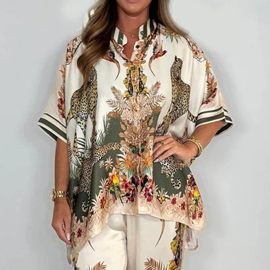 Modny damski dwuczęściowy zestaw z nadrukiem