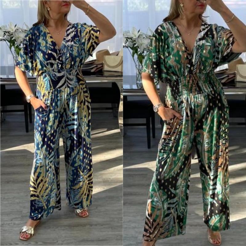 ?2025 primăvară și vară nou imprimare dimensiune mare elastic talie jumpsuit