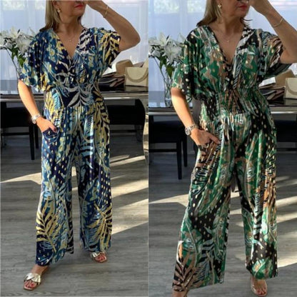?2025 primăvară și vară nou imprimare dimensiune mare elastic talie jumpsuit