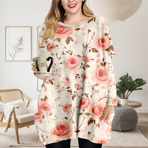 （🎉Jesenska rasprodaja🔥）Romantična majica dugih rukava s okruglim izrezom i džepovima, printom ružičaste ruže
