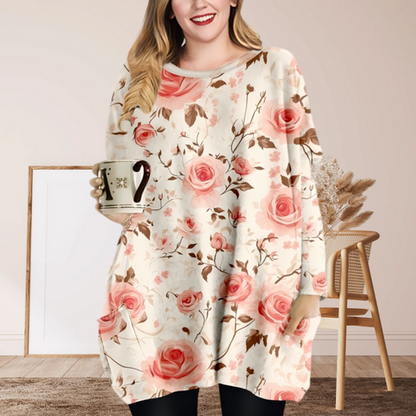（🎉Jesenska rasprodaja🔥）Romantična majica dugih rukava s okruglim izrezom i džepovima, printom ružičaste ruže