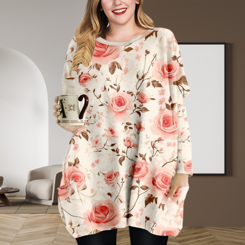 （🎉Jesenska rasprodaja🔥）Romantična majica dugih rukava s okruglim izrezom i džepovima, printom ružičaste ruže