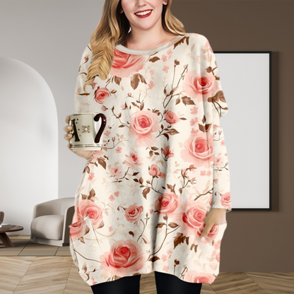 （🎉Jesenska rasprodaja🔥）Romantična majica dugih rukava s okruglim izrezom i džepovima, printom ružičaste ruže